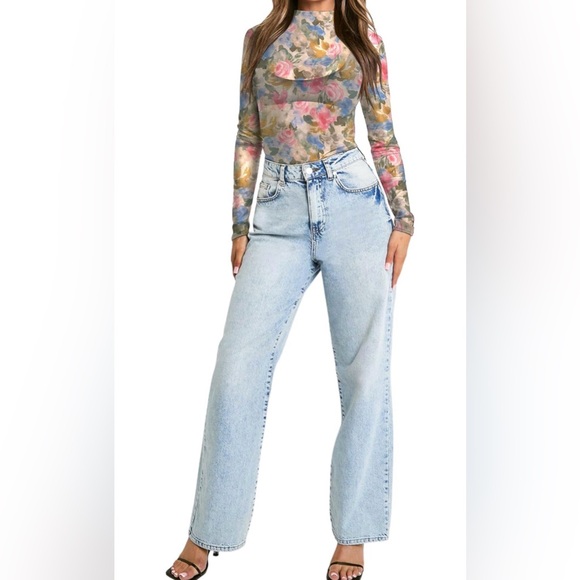 Pink Sheer Mesh Watercolor Floral High Neck, Long Sleeve Floral Mesh Top - Picture 5 of 7